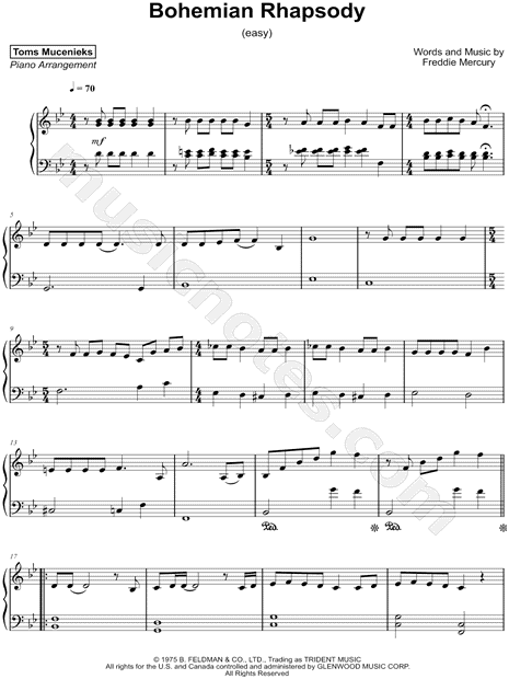 bohemian rhapsody piano notes easy